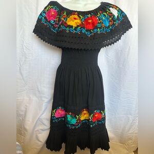 Mexican Traditional Dress Color Black with Floral Embroidered Dress, Size S/M